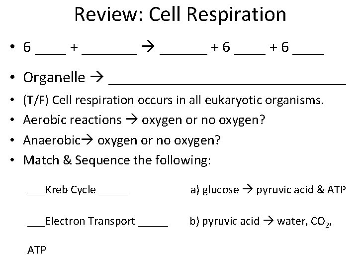 Review: Cell Respiration • 6 ____ + _______ + 6 ____ • Organelle _______________