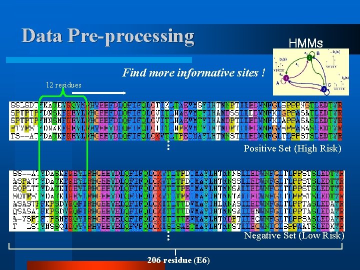 Data Pre-processing HMMs Find more informative sites ! 12 residues … Positive Set (High