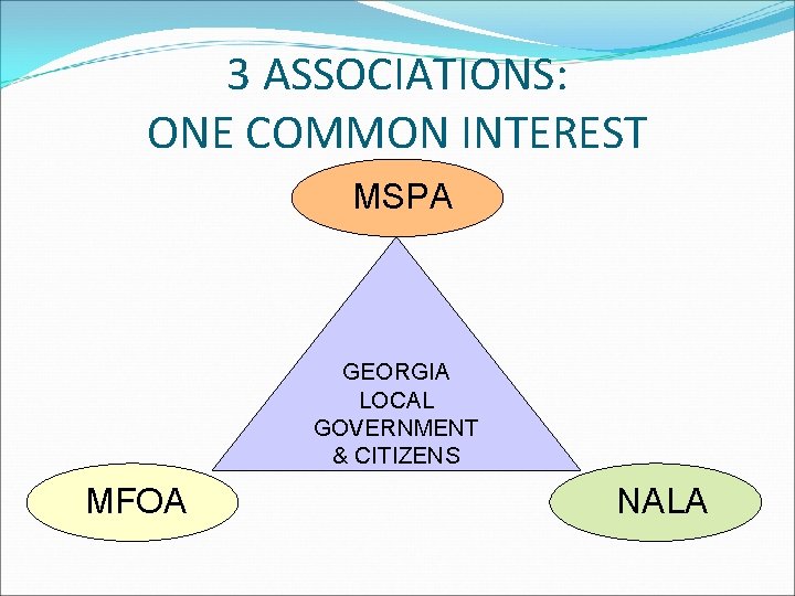 3 ASSOCIATIONS: ONE COMMON INTEREST MSPA GEORGIA LOCAL GOVERNMENT & CITIZENS MFOA NALA 
