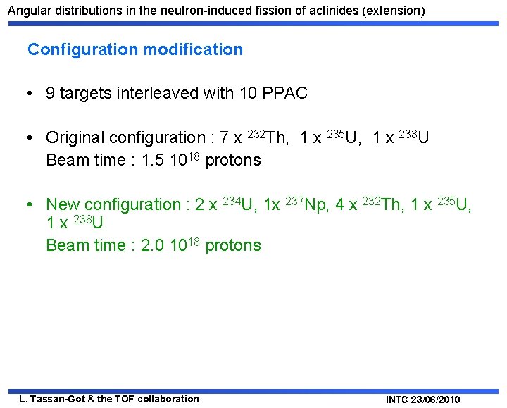 Angular distributions in the neutron-induced fission of actinides (extension) Configuration modification • 9 targets