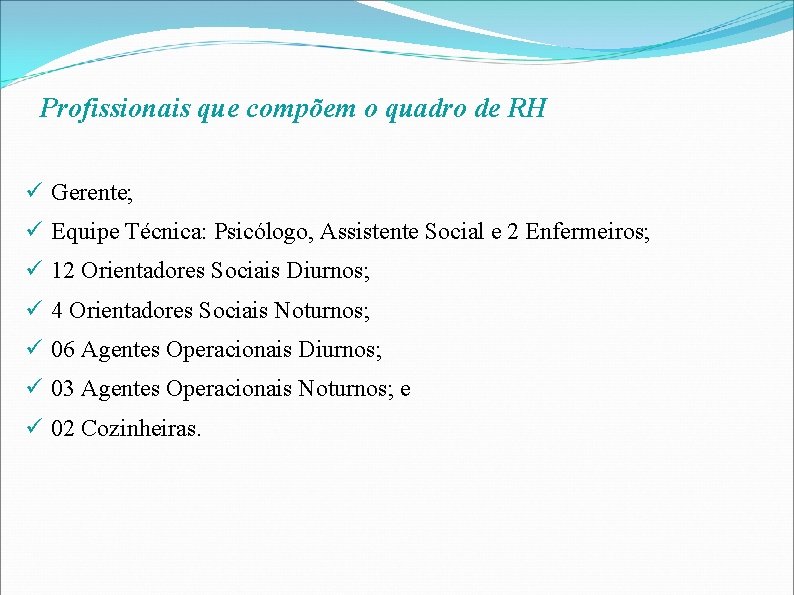 Profissionais que compõem o quadro de RH Gerente; Equipe Técnica: Psicólogo, Assistente Social e