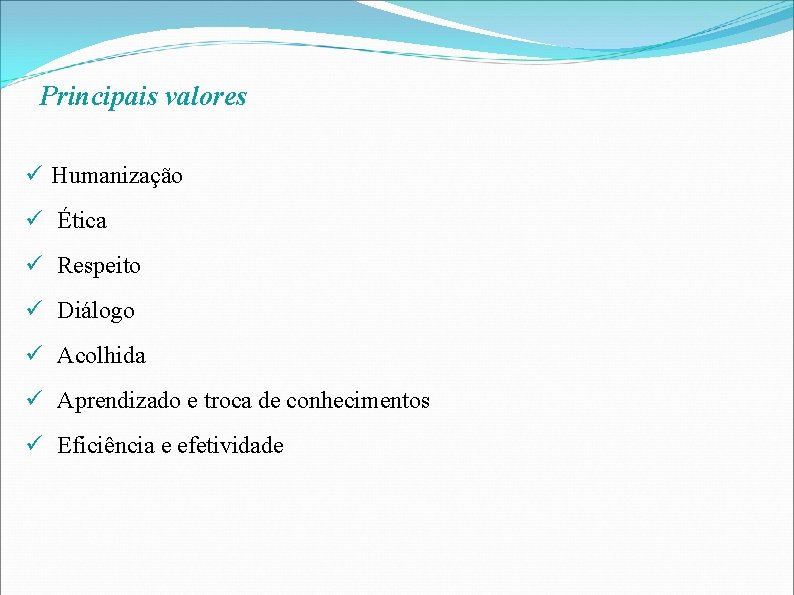 Principais valores Humanização Ética Respeito Diálogo Acolhida Aprendizado e troca de conhecimentos Eficiência e