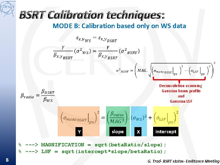 BSRT Calibration techniques: MODE B: Calibration based only on WS data Deconvolution assuming Gaussian