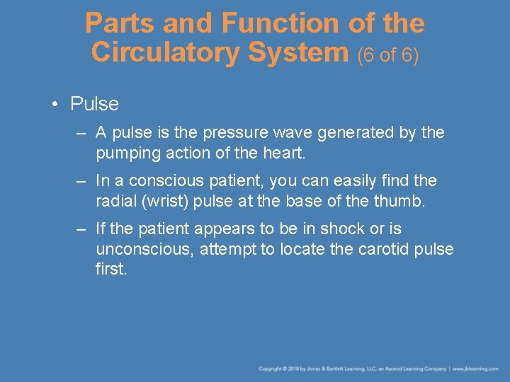 Parts and Function of the Circulatory System (6 of 6) • Pulse – A