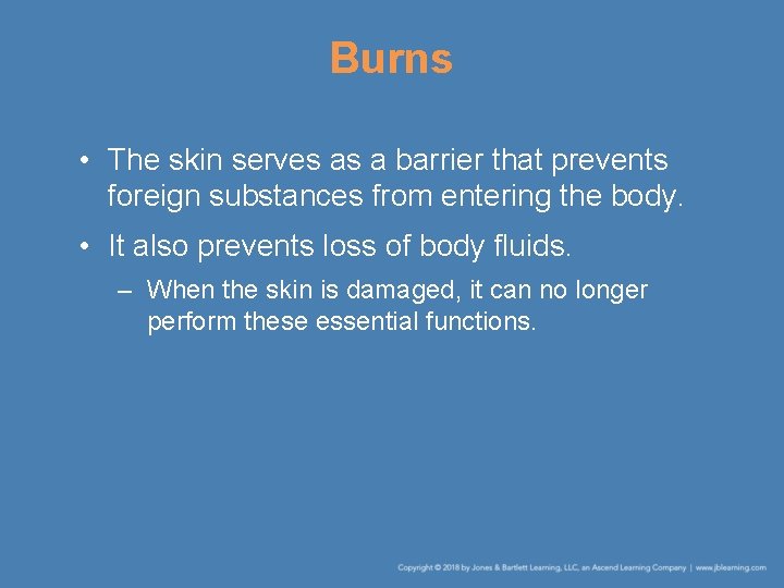 Burns • The skin serves as a barrier that prevents foreign substances from entering