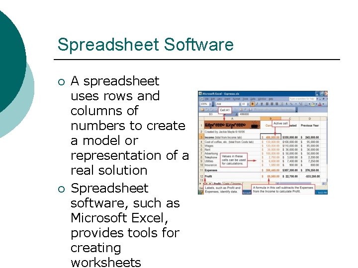 Spreadsheet Software ¡ ¡ A spreadsheet uses rows and columns of numbers to create