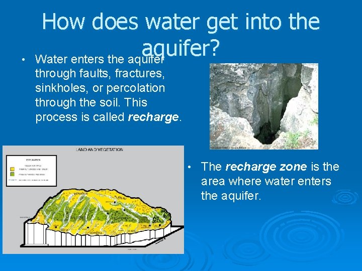  • How does water get into the aquifer? Water enters the aquifer through