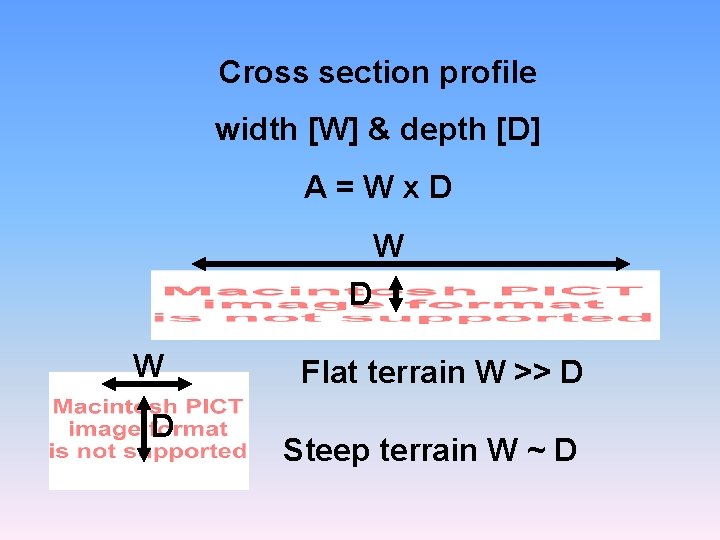 Cross section profile width [W] & depth [D] A=Wx. D W D Flat terrain