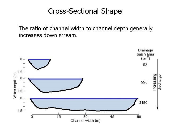 Cross-Sectional Shape The ratio of channel width to channel depth generally increases down stream.