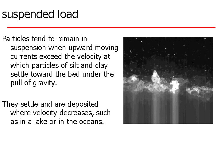 suspended load Particles tend to remain in suspension when upward moving currents exceed the