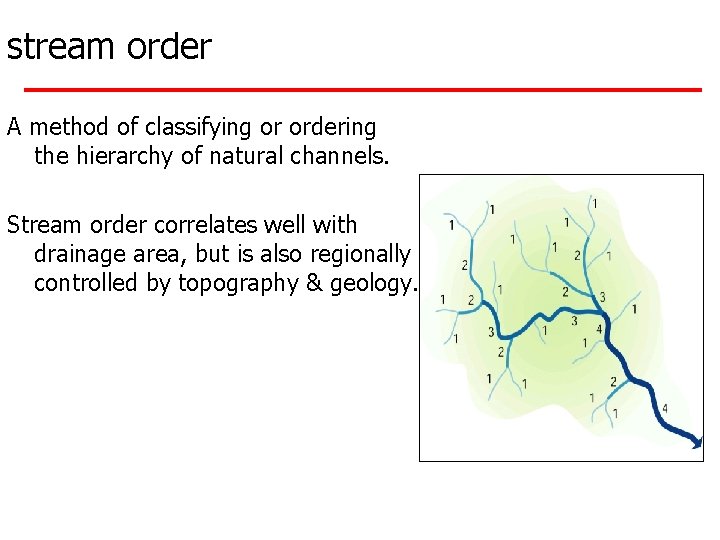 stream order A method of classifying or ordering the hierarchy of natural channels. Stream