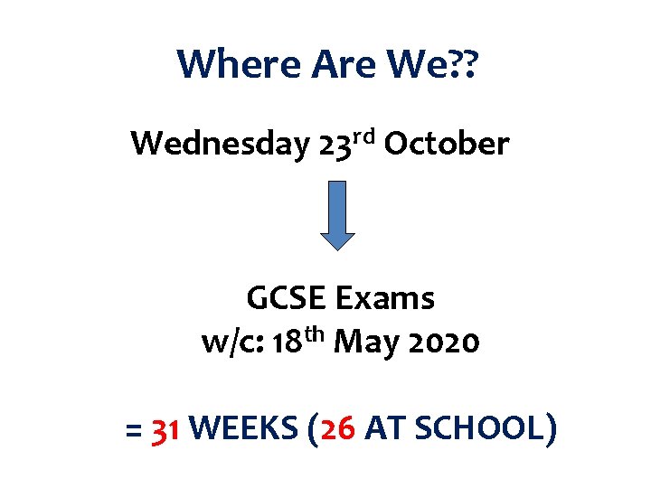 Where Are We? ? Wednesday 23 rd October GCSE Exams w/c: 18 th May