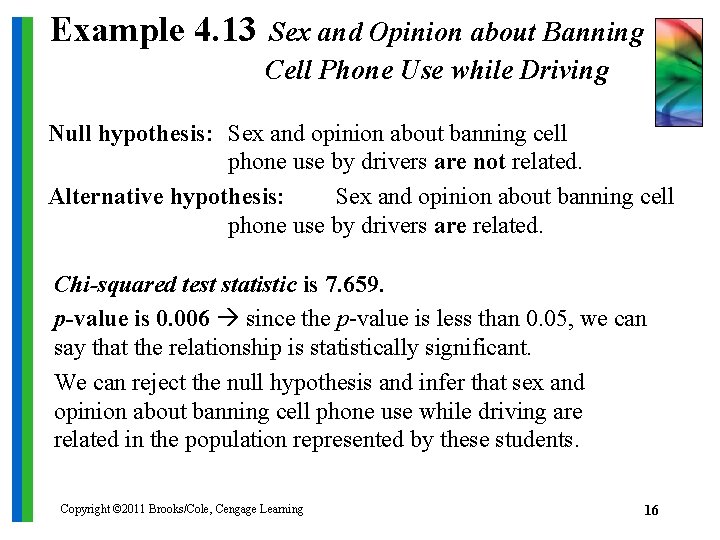 Example 4. 13 Sex and Opinion about Banning Cell Phone Use while Driving Null