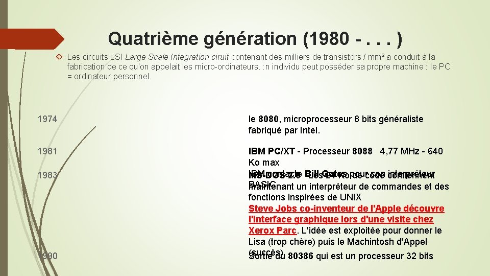 Quatrième génération (1980 -. . . ) Les circuits LSI Large Scale Integration ciruit