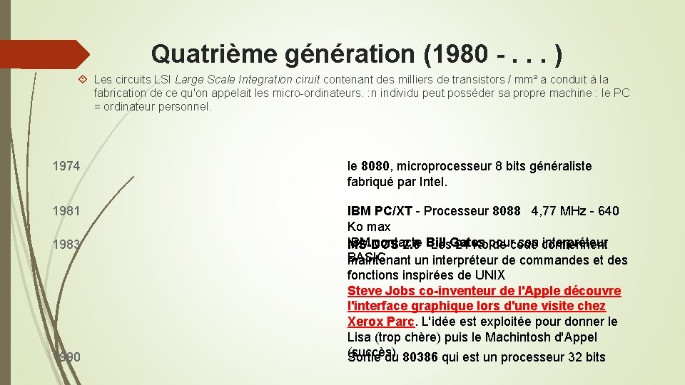 Quatrième génération (1980 -. . . ) Les circuits LSI Large Scale Integration ciruit Quatrième génération (1980 -. . . ) Les circuits LSI Large Scale Integration ciruit