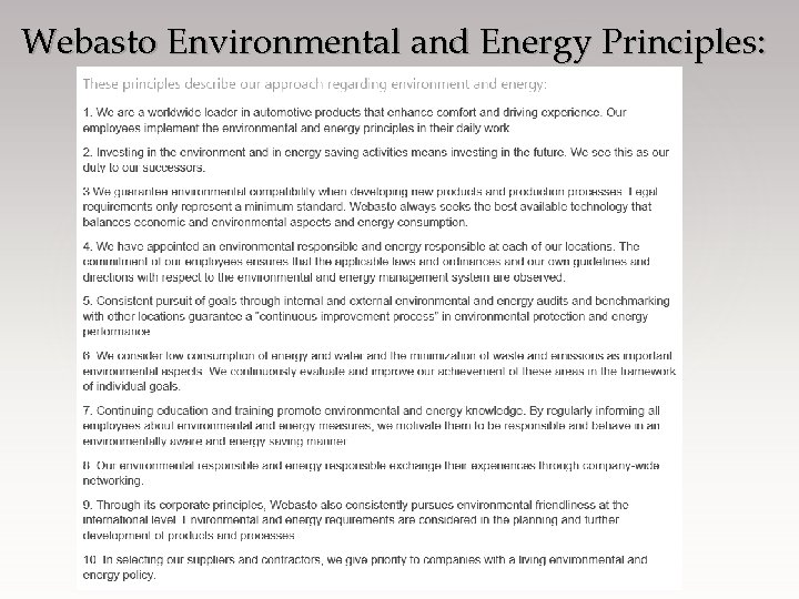 Webasto Environmental and Energy Principles: 