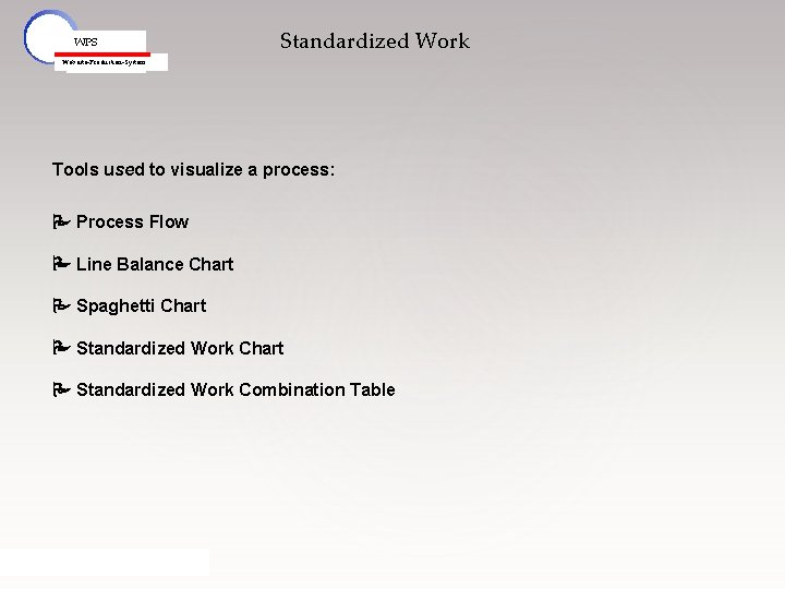 WPS Standardized Work Webasto-Production-System Tools used to visualize a process: Process Flow Line Balance