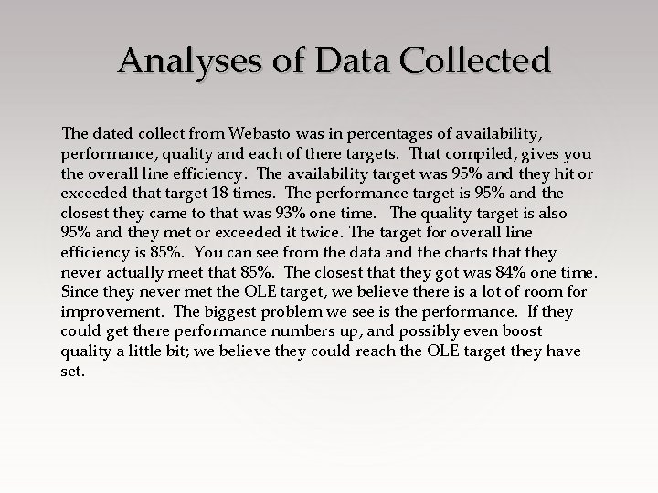 Analyses of Data Collected The dated collect from Webasto was in percentages of availability,