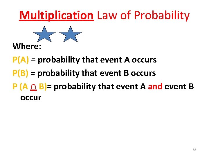 Multiplication Law of Probability Where: P(A) = probability that event A occurs P(B) =
