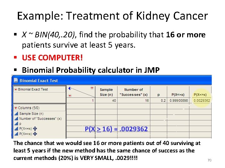 Example: Treatment of Kidney Cancer § X ~ BIN(40, . 20), find the probability