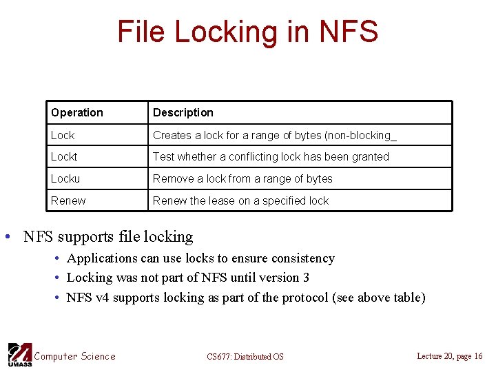 File Locking in NFS Operation Description Lock Creates a lock for a range of