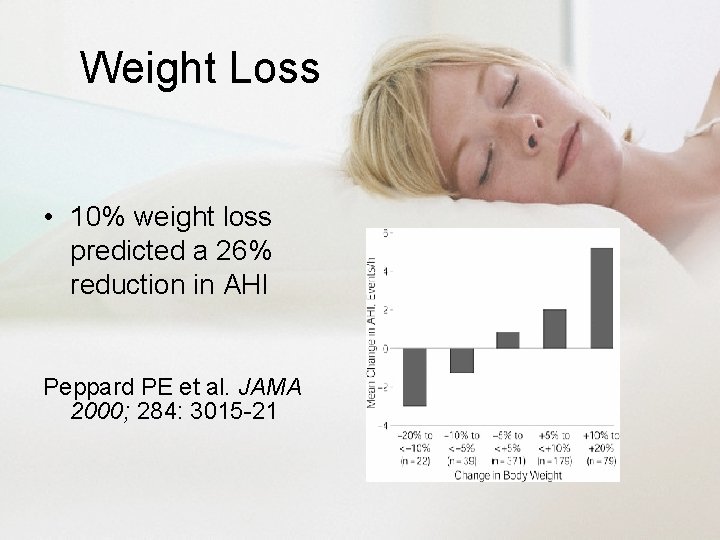 Weight Loss • 10% weight loss predicted a 26% reduction in AHI Peppard PE