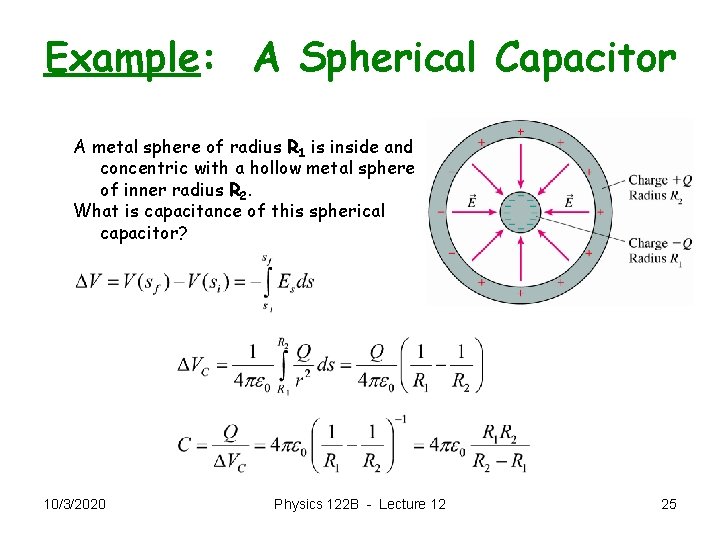 Example: A Spherical Capacitor A metal sphere of radius R 1 is inside and