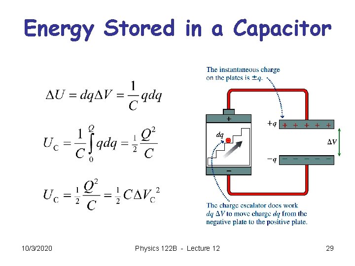 Energy Stored in a Capacitor 10/3/2020 Physics 122 B - Lecture 12 29 