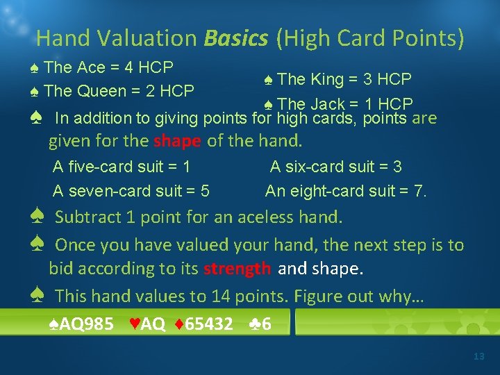 Hand Valuation Basics (High Card Points) ♠ The Ace = 4 HCP ♠ The