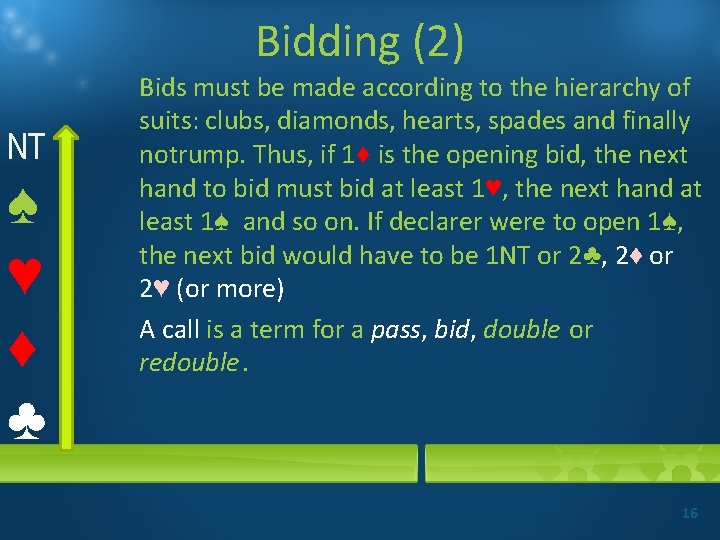 Bidding (2) NT ♠ ♥ ♦ ♣ Bids must be made according to the