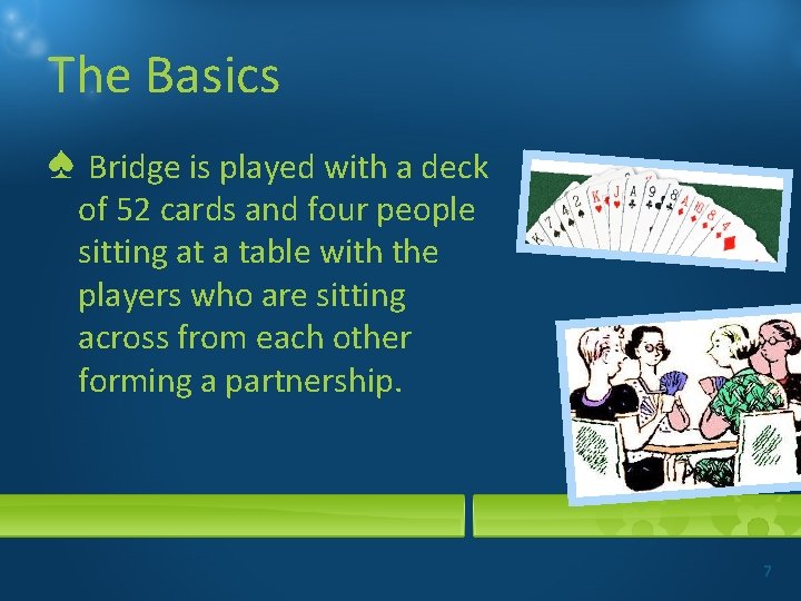 The Basics ♠ Bridge is played with a deck of 52 cards and four