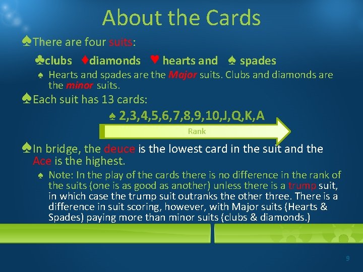 About the Cards ♠ There are four suits: ♣clubs ♦diamonds ♥ hearts and ♠