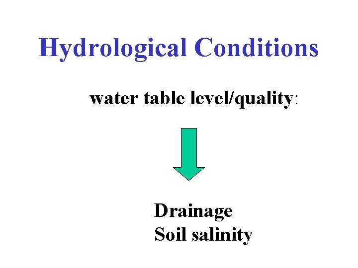 Hydrological Conditions water table level/quality: Drainage Soil salinity 