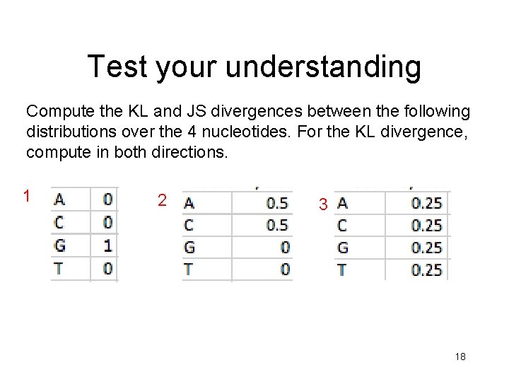 Test your understanding Compute the KL and JS divergences between the following distributions over Test your understanding Compute the KL and JS divergences between the following distributions over