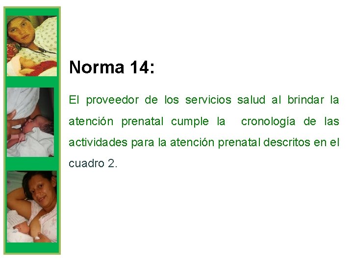 Norma 14: El proveedor de los servicios salud al brindar la atención prenatal cumple