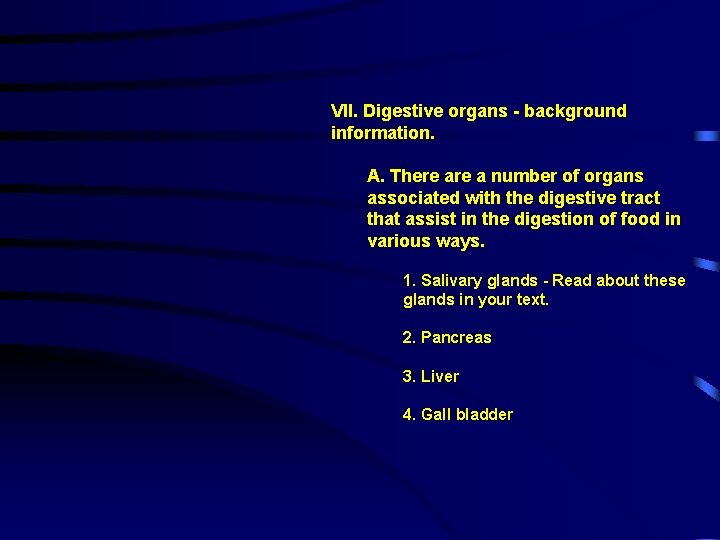 VII. Digestive organs - background information. A. There a number of organs associated with