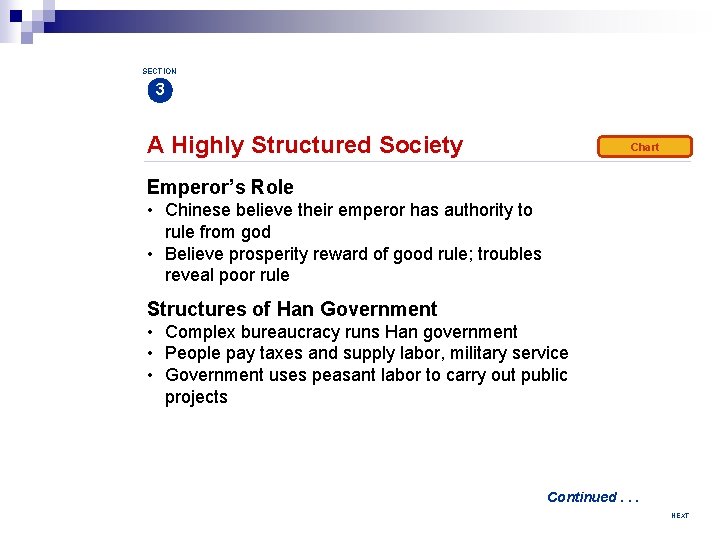 SECTION 3 A Highly Structured Society Chart Emperor’s Role • Chinese believe their emperor