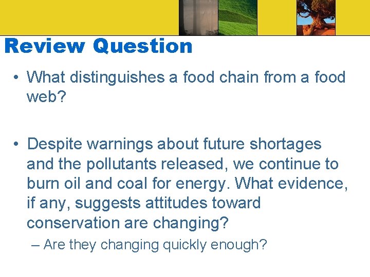 Review Question • What distinguishes a food chain from a food web? • Despite