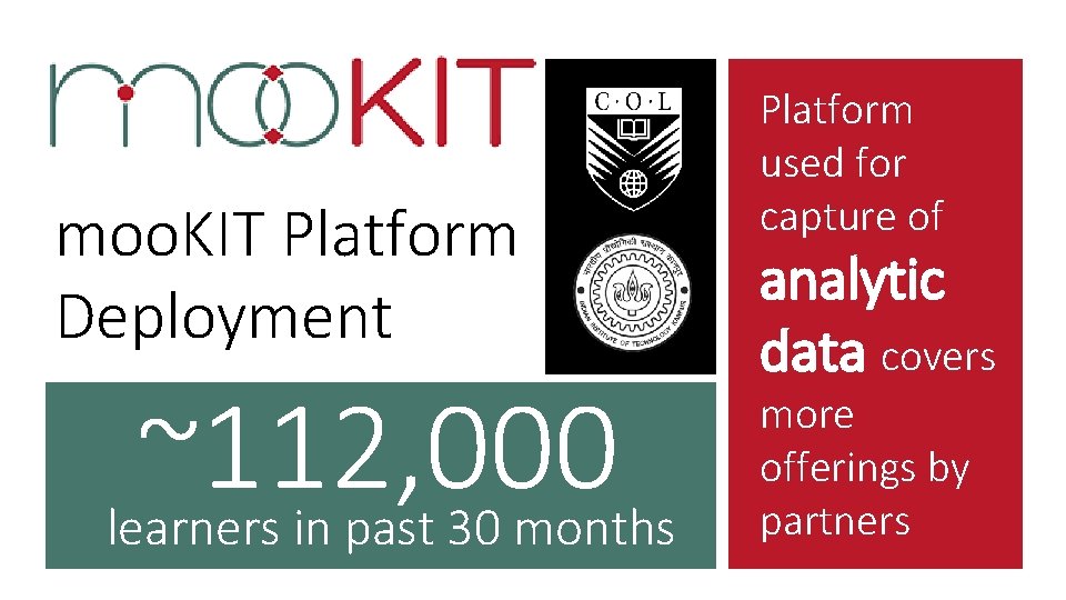 moo. KIT Platform Deployment ~112, 000 learners in past 30 months Platform used for