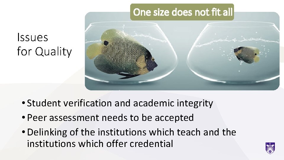 One size does not fit all Issues for Quality • Student verification and academic