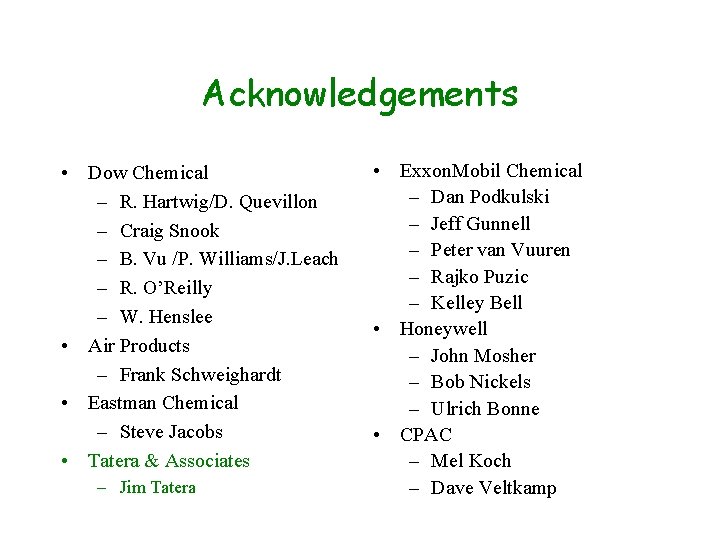 Acknowledgements • Dow Chemical – R. Hartwig/D. Quevillon – Craig Snook – B. Vu