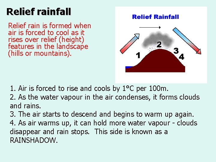 Relief rainfall Relief rain is formed when air is forced to cool as it