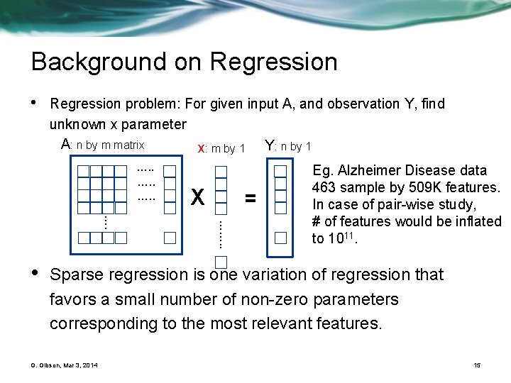 Background on Regression • Regression problem: For given input A, and observation Y, find