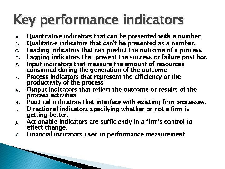 Key performance indicators A. B. C. D. E. F. G. H. I. J. K.