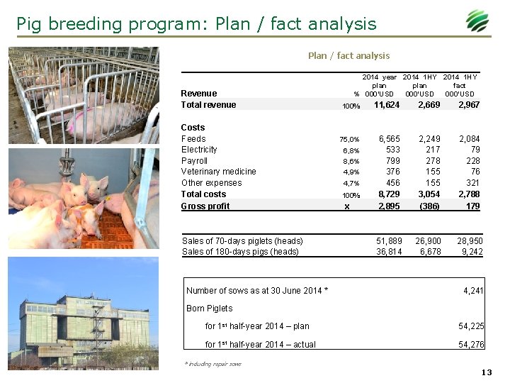 Pig breeding program: Plan / fact analysis Revenue Total revenue Costs Feeds Electricity Payroll