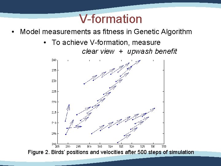 V-formation • Model measurements as fitness in Genetic Algorithm • To achieve V-formation, measure