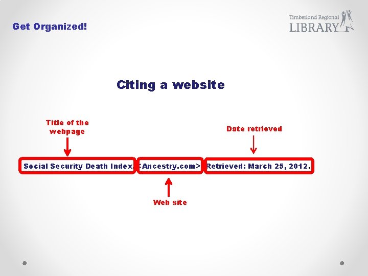 Get Organized! Citing a website Title of the webpage Date retrieved Social Security Death