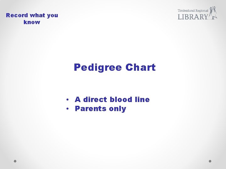 Record what you know Pedigree Chart • A direct blood line • Parents only