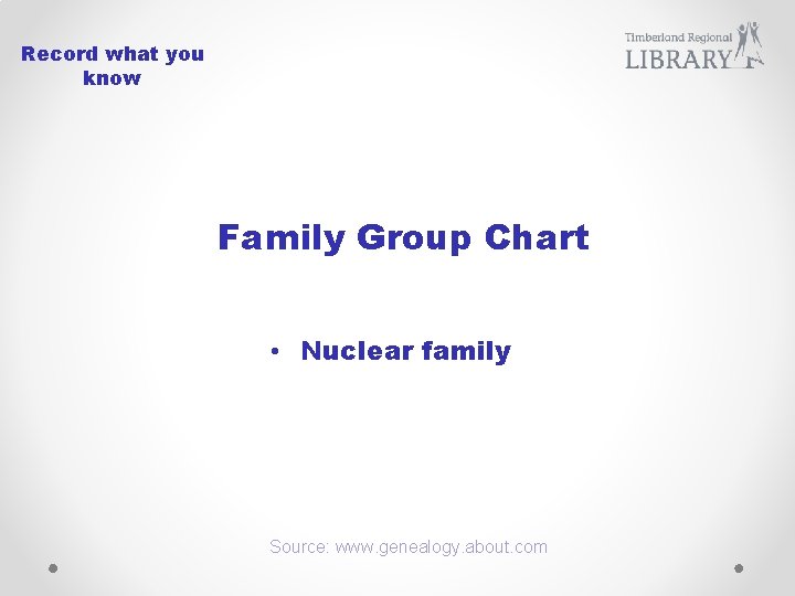Record what you know Family Group Chart • Nuclear family Source: www. genealogy. about.
