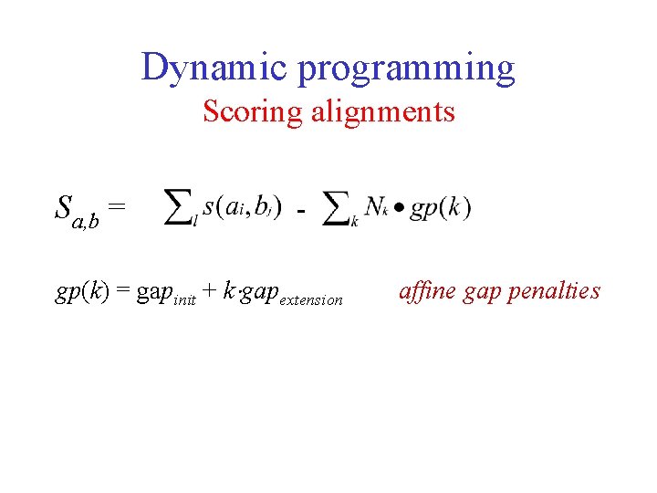 Dynamic programming Scoring alignments Sa, b = - gp(k) = gapinit + k gapextension
